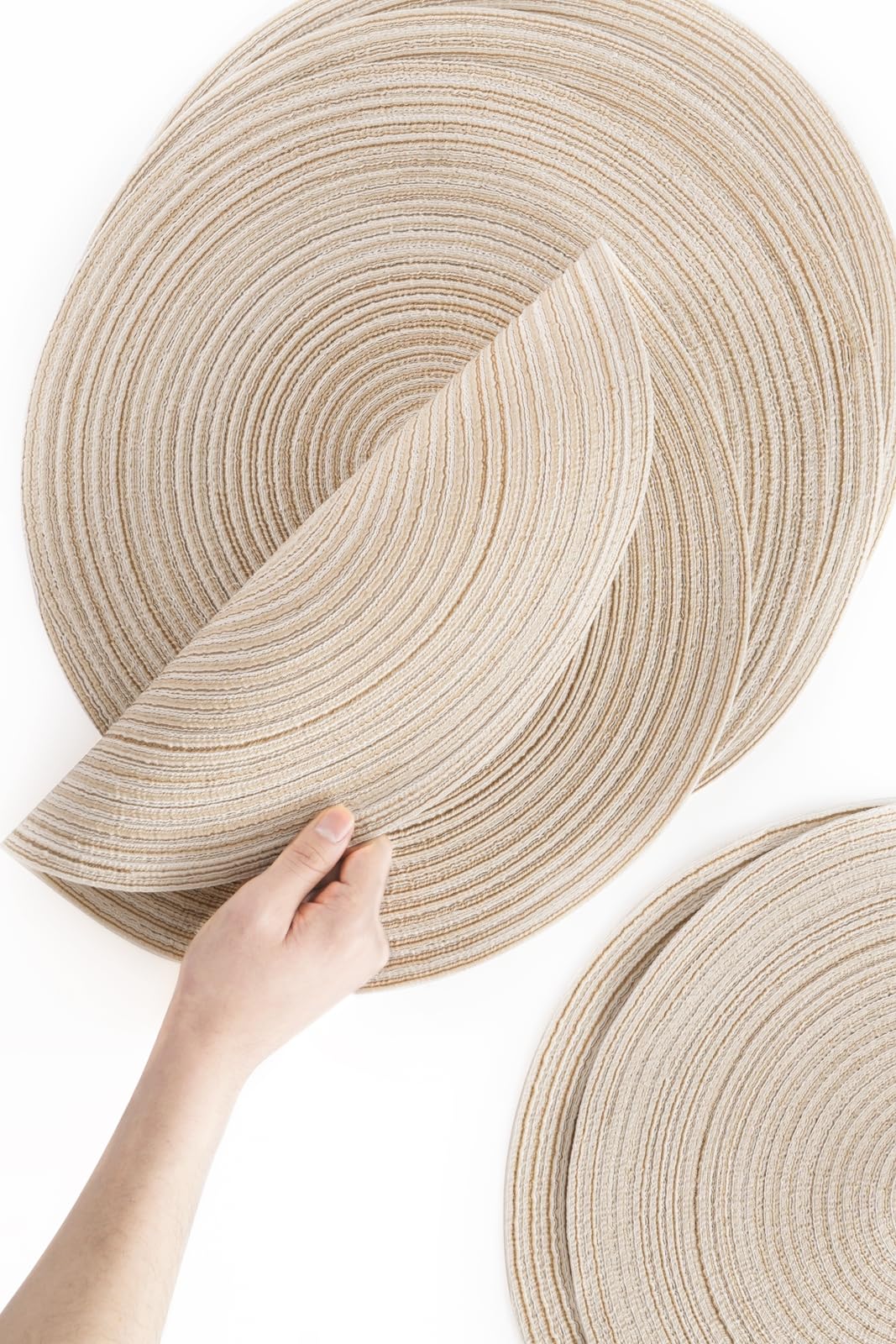 Floroom 15 Inch Round Braided Placemats Set of 4, Washable Heat Resistant Cotton Polyester Circle Place Mats for Kitchen Dining Table - Canvas Beige