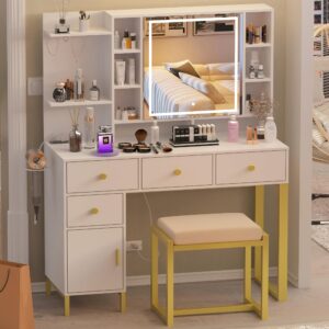 pakasept makeup vanity with lights,white vanity desk with openable mirror & 3-color dimmable, charging station, makeup desk with drawer, hooks, hidden and open storage shelves, stool set