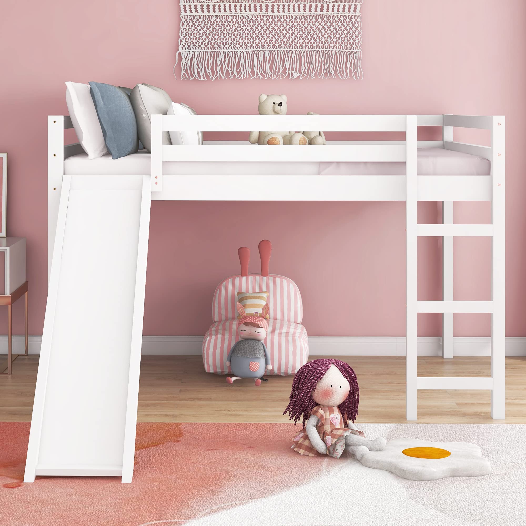 Harper & Bright Designs Full Size Loft Bed with Slide, Solid Wood Low Loft Bed Frame for Kids Girls Boys, Easy Assembly (White)