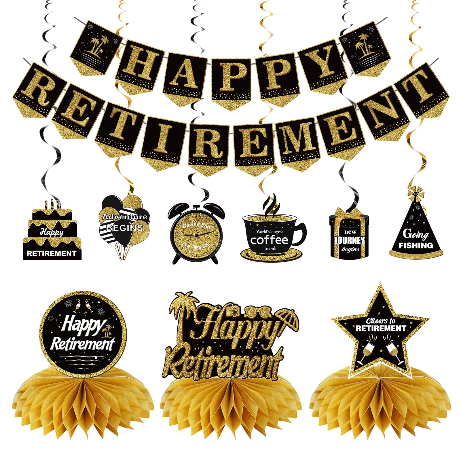 Happy Retirement Party Decorations Kit for Women Men, Black Gold Retirement Banner Honeycomb Centerpieces Swirls Party Supplies, Retirement Banner Ceiling Table Topper Swirls for Indoor Outdoor