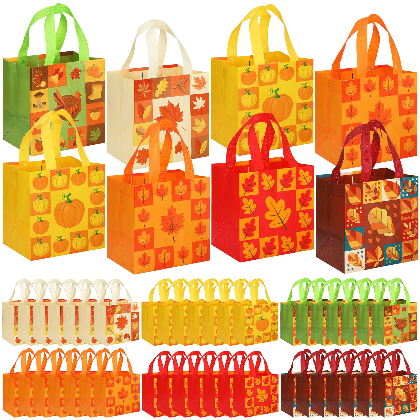 Sanwuta 48 Pcs Fall Non Woven Tote Bags Thanksgiving Party Bags with Handles Waterproof Autumn Treat Favor Bag Pumpkin Goodie Bag Gift Candy Bags Thanksgiving Party Favor Supplies (Simple Style)