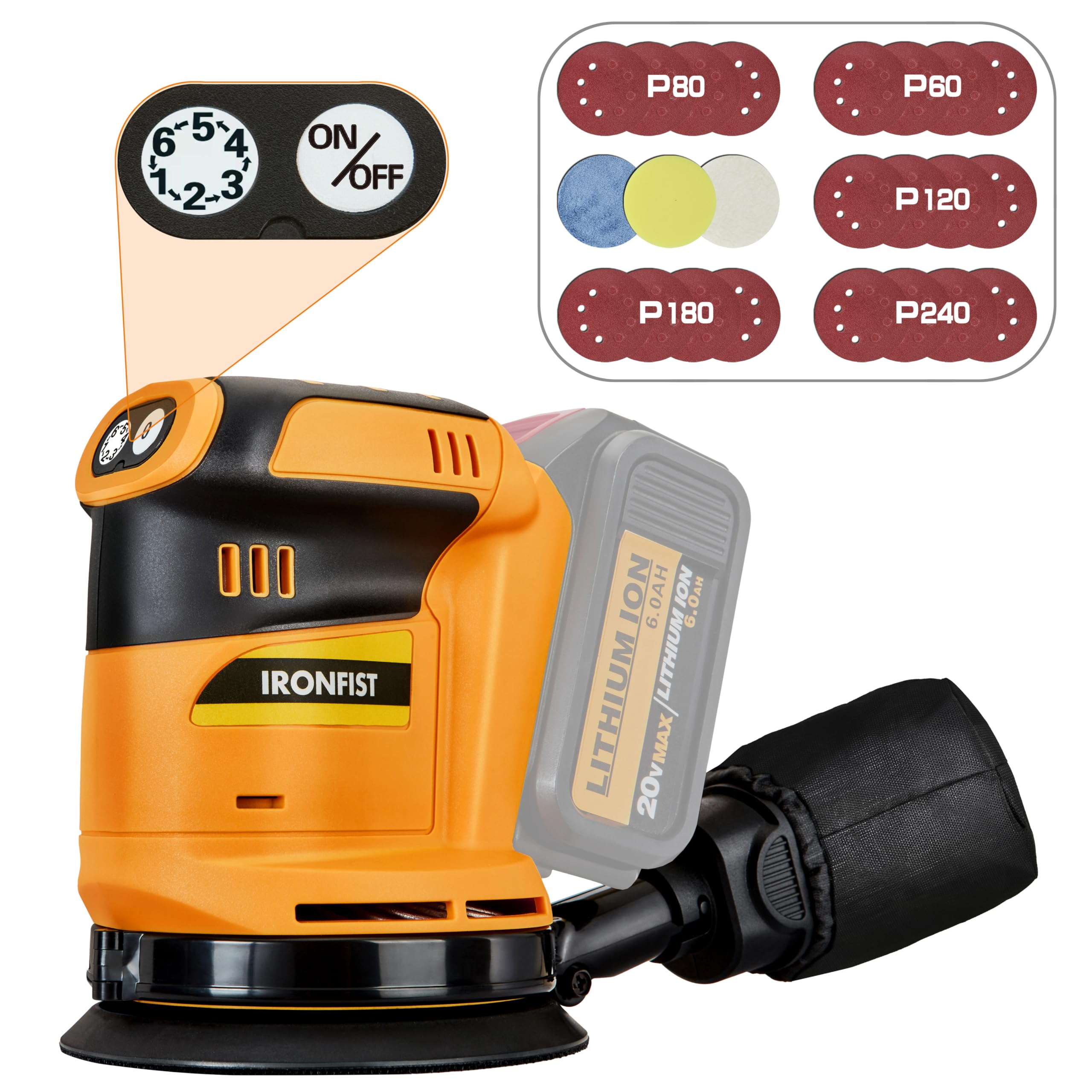 IRONFIST Brushless Random Orbital Sander for Dewalt Battery, Cordless Max 13500RPM 6 Speeds, 5” Electric Sander with Dust Collector 23pcs accessories (Battery Not Included)