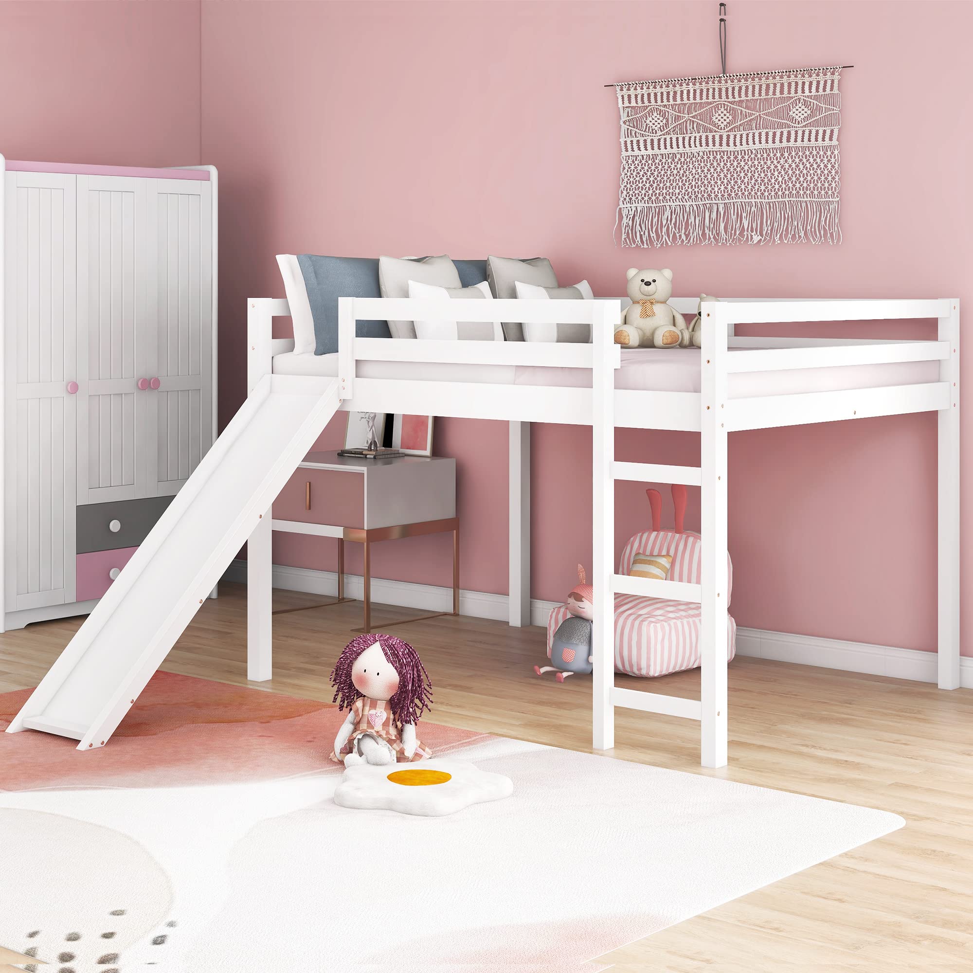 Harper & Bright Designs Full Size Loft Bed with Slide, Solid Wood Low Loft Bed Frame for Kids Girls Boys, Easy Assembly (White)