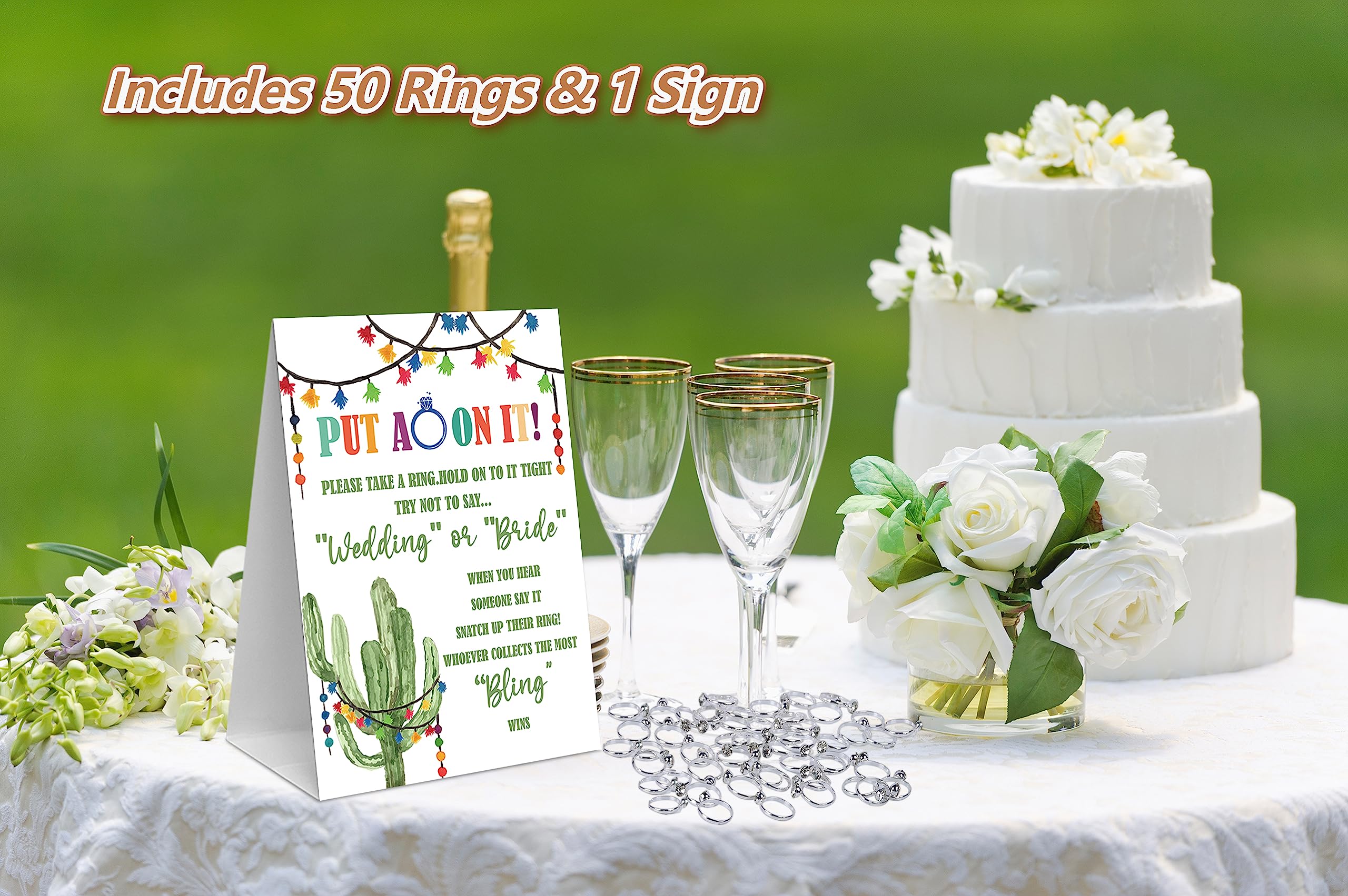 Fiesta Bridal Shower Theme Decorations,Put A Ring On It Game,Don't Say Bride Games,Bridal Shower Games,Wedding Shower,Engagement Party Games(1 Sign And 50 Plastic Diamond Rings)-6