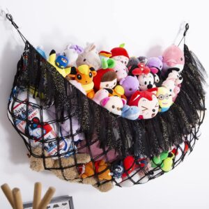 Large Stuffed Animal Hammock with Light Wall Mounted- Squishmallow Hammock Plushies Net Stuff Toy Organizer Boho Macrame Toy Hammock Corner Hanging Net for Nursery Storage Bedroom Playroom Decor-Black