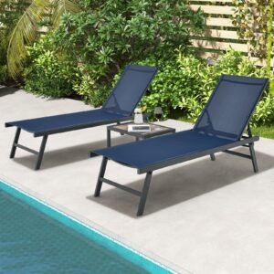 Tangkula 3 Piece Patio Chaise Lounge Set, Aluminum Patio Recliner with Coffee Table, 6-Level Backrest Adjustment, Outdoor Lounge Chair & Side Table Set for Poolside, Backyard (Navy Blue)