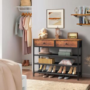 usikey Shoe Rack, 4 Tier Shoe Storage Organizer with 2 Drawers, Metal Shoe Shelf for 12-15 Pairs of Shoes, with 3 Fabric Shelves and Wooden Top, Shoe Stand for Closet Entryway, Rustic Brown