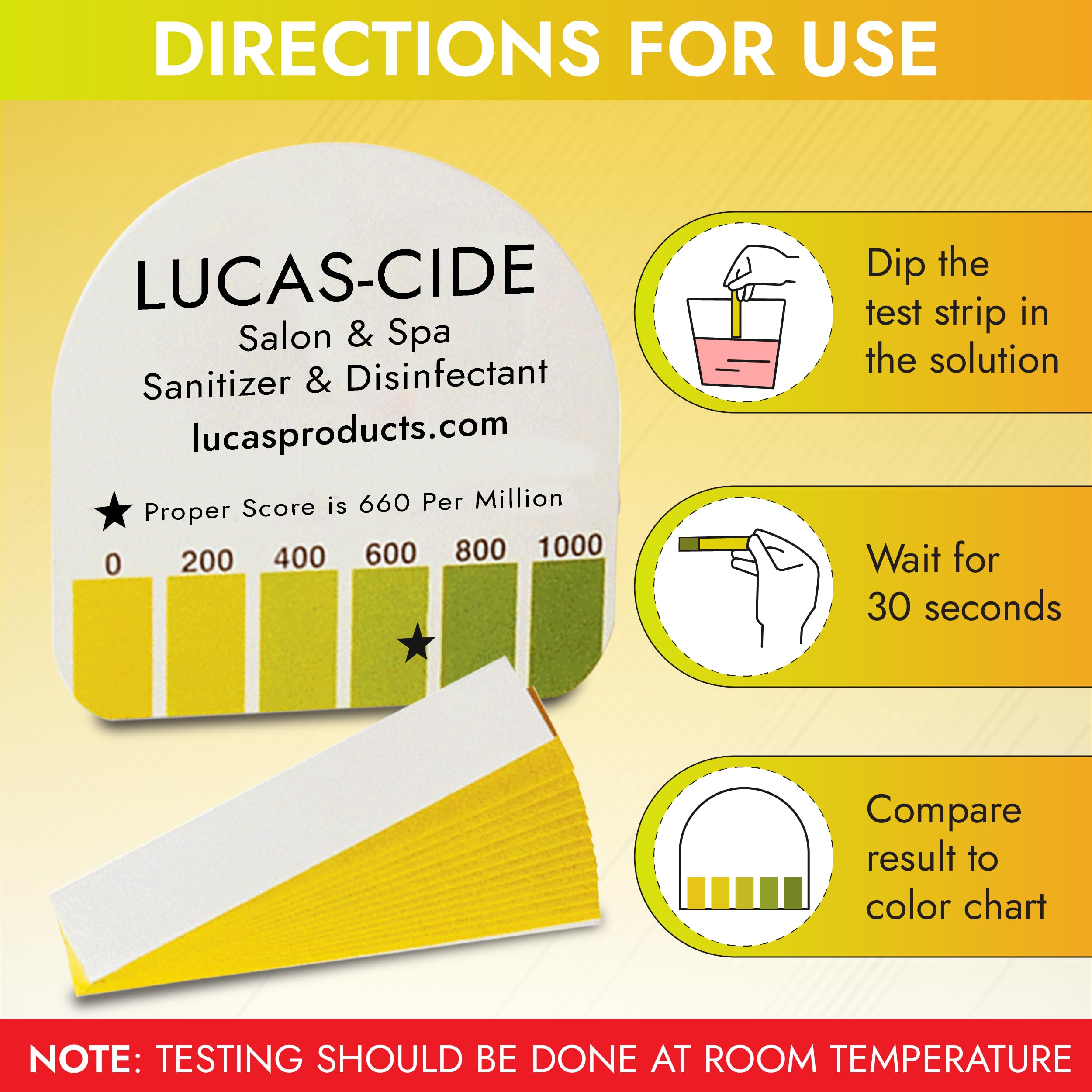 LUCAS-CIDE Quat Test Strips - Sanitizer Test Strips Food Service - 0-1000 ppm Test Strips for Sanitizing Solution - Pack of 15 Quat Sanitizer Test Strips