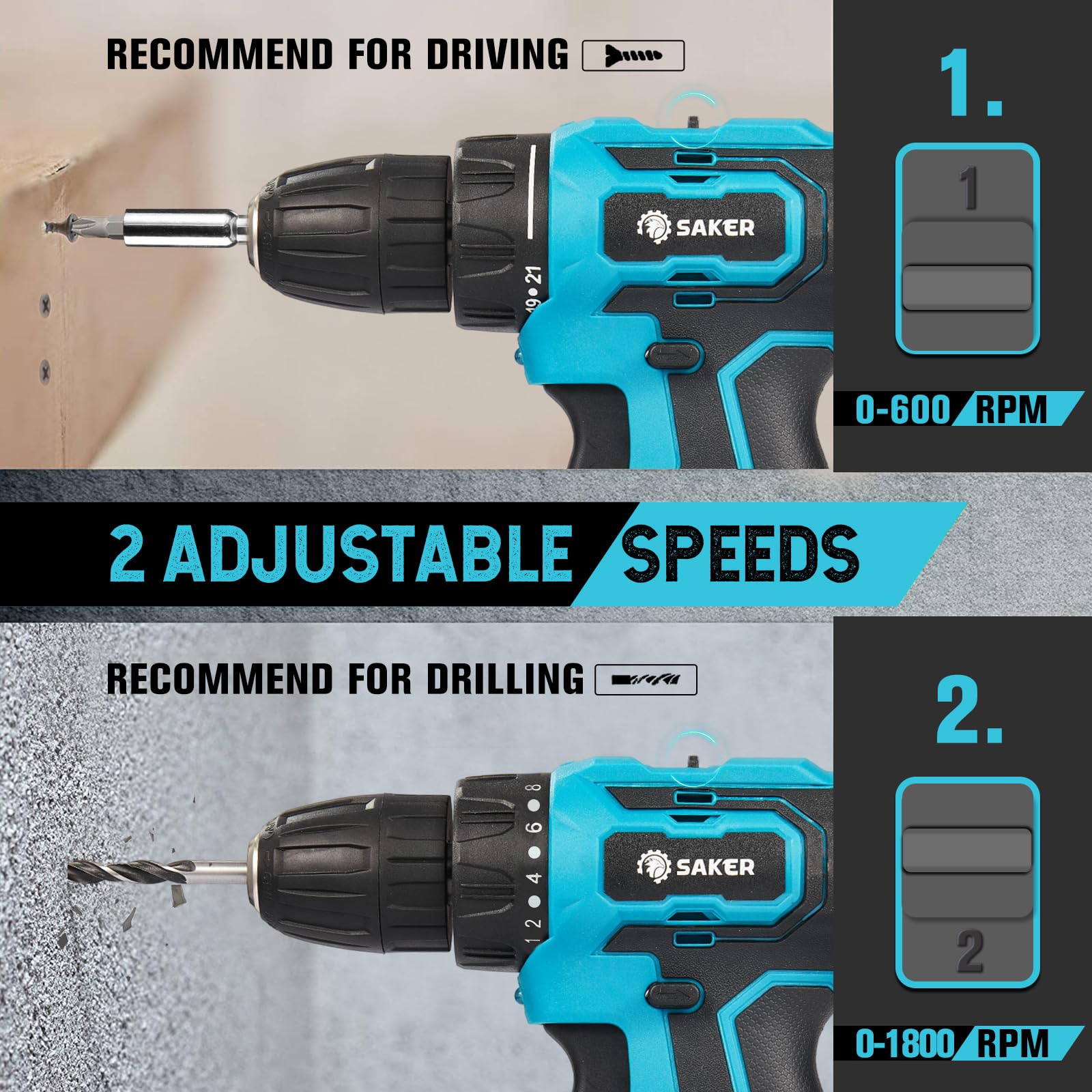 Saker Cordless Drill Set, Brushless 20V Electric Drill with Drill Bits, 3/8-Inch Keyless Chuck, 2 Variable Speeds, 430 In-lbs Torque Battery Power Screwdriver Driver for Plastic, Wood, Metal, Screws