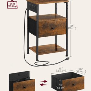 VASAGLE Nightstand with Charging Station, Night Stand, Side Table with 1 Drawer and 2 Open Shelves, Fabric Drawers with MDF Front, End Table, Rustic Brown and Classic Black ULGS026K01