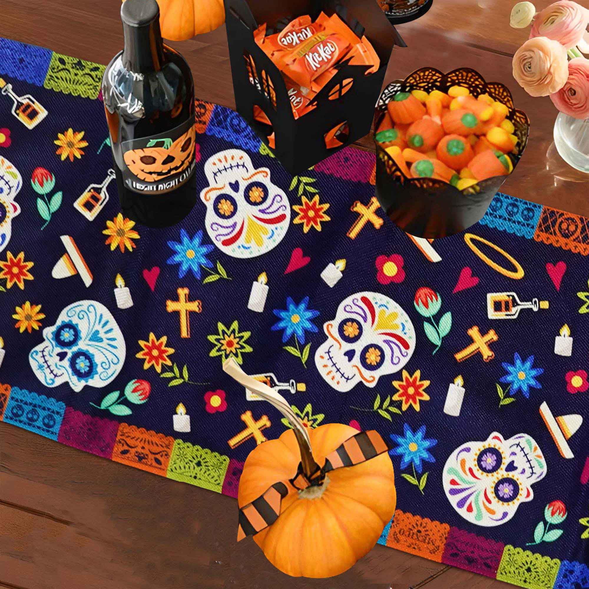 Dia De Los Muertos Table Runner | Day of The Dead Decoration | 13x72 Inch | Burlap Mexico Outdoor Indoor Decor for Mexican Fiesta Party Kitchen Dinning Room Home