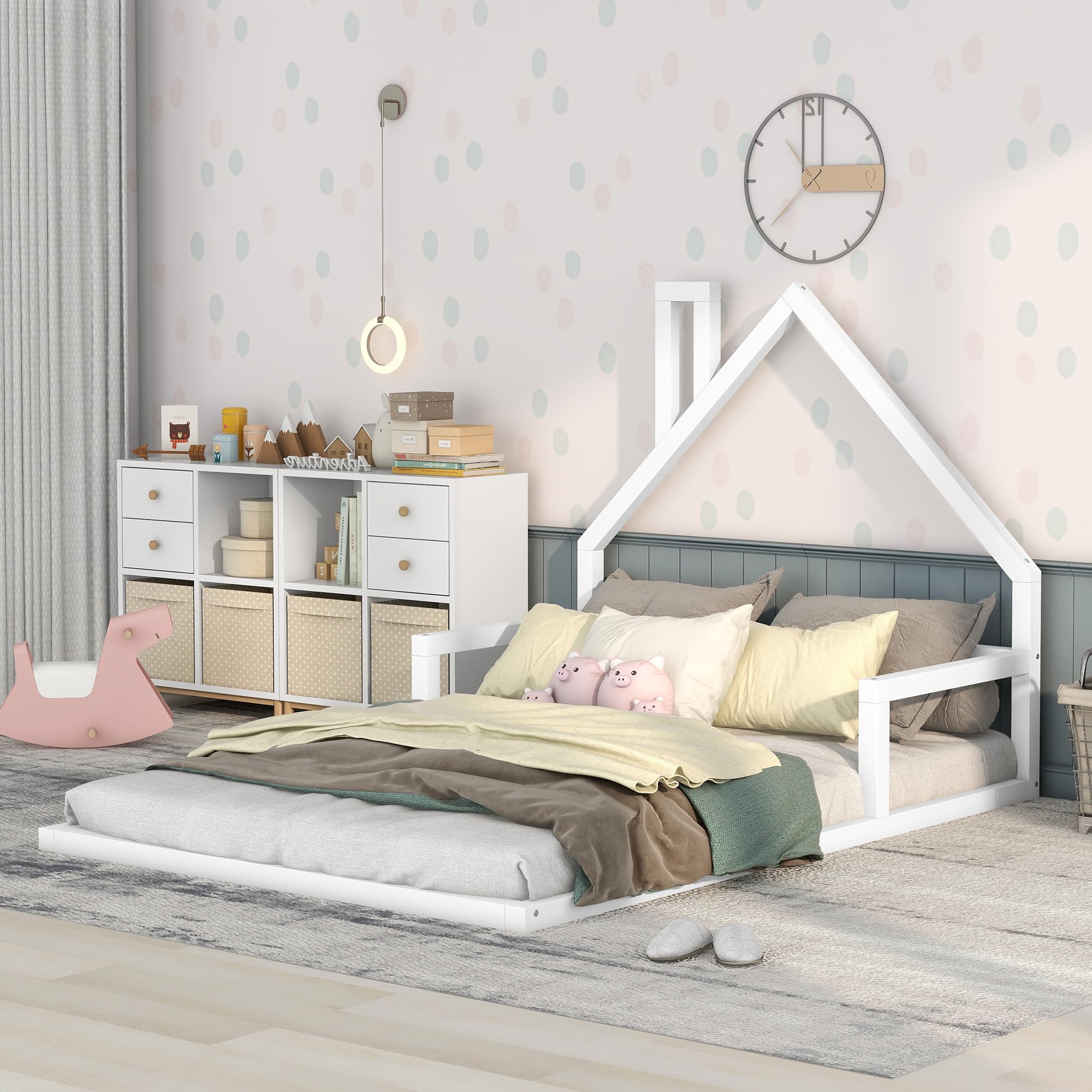 Harper & Bright Designs Full Kids Bed with House-Shaped Headboard, Full Floor Bed with Solid Wood Slats,Full Size Platform Bed Frame for Girls Boys,No Box Spring Needed,White