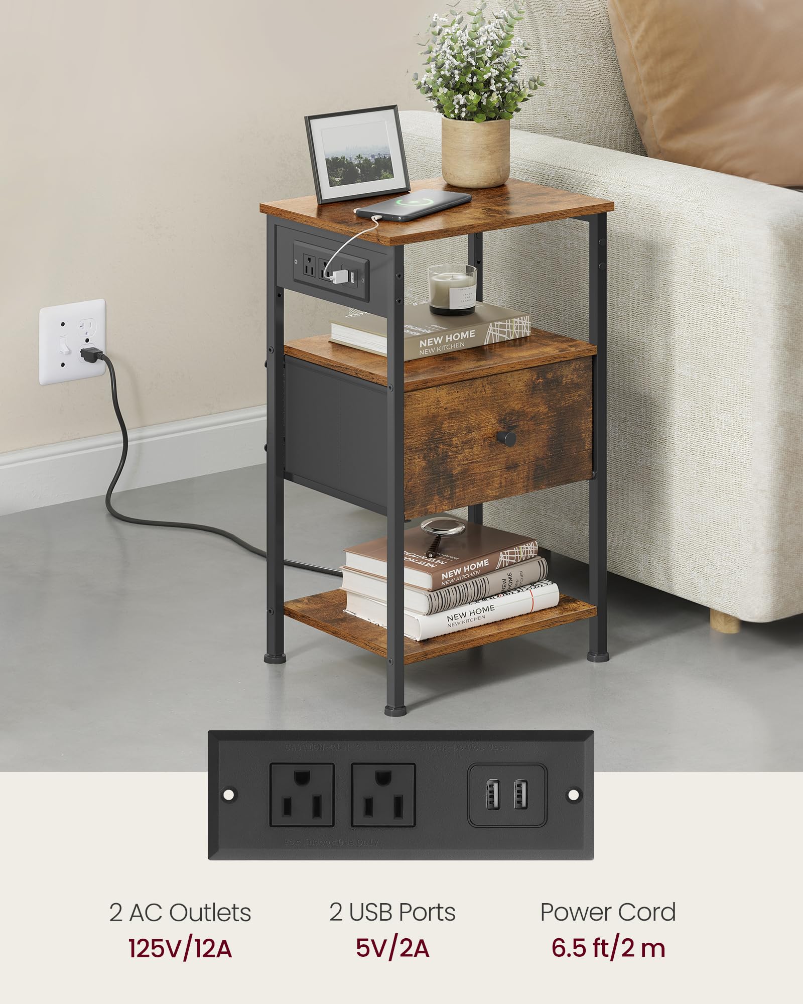 VASAGLE Nightstand with Charging Station, Night Stand, Side Table with 1 Drawer and 2 Open Shelves, Fabric Drawers with MDF Front, End Table, Rustic Brown and Classic Black ULGS026K01