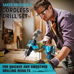 Saker Cordless Drill Set, Brushless 20V Electric Drill with Drill Bits, 3/8-Inch Keyless Chuck, 2 Variable Speeds, 430 In-lbs Torque Battery Power Screwdriver Driver for Plastic, Wood, Metal, Screws