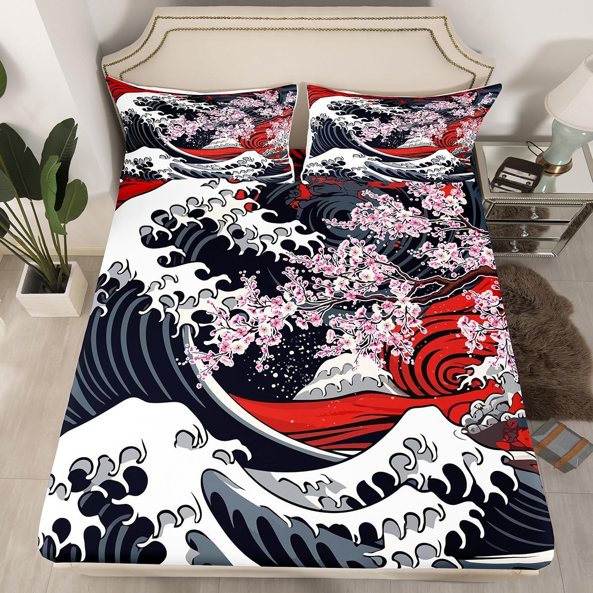 Japanese-Style Fitted Sheet Full, Cherry Blossoms Bed Sheets, Cartoon Ukiyoe Ocean Waves Sheets, Aesthetic Grey Red Pink Floral Abstract Room Decor Bed Set for Boys Teens Girls