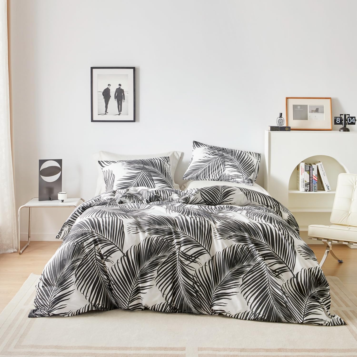 YuHeGuoJi Tropical Plant Duvet Cover Queen 100% Cotton Black Botanical Duvet Cover 3 Pcs Set 1 White Hawaiian Leaves Duvet Cover with Zipper Ties 2 Pillowcases Coastal Palm Bedding Set Soft