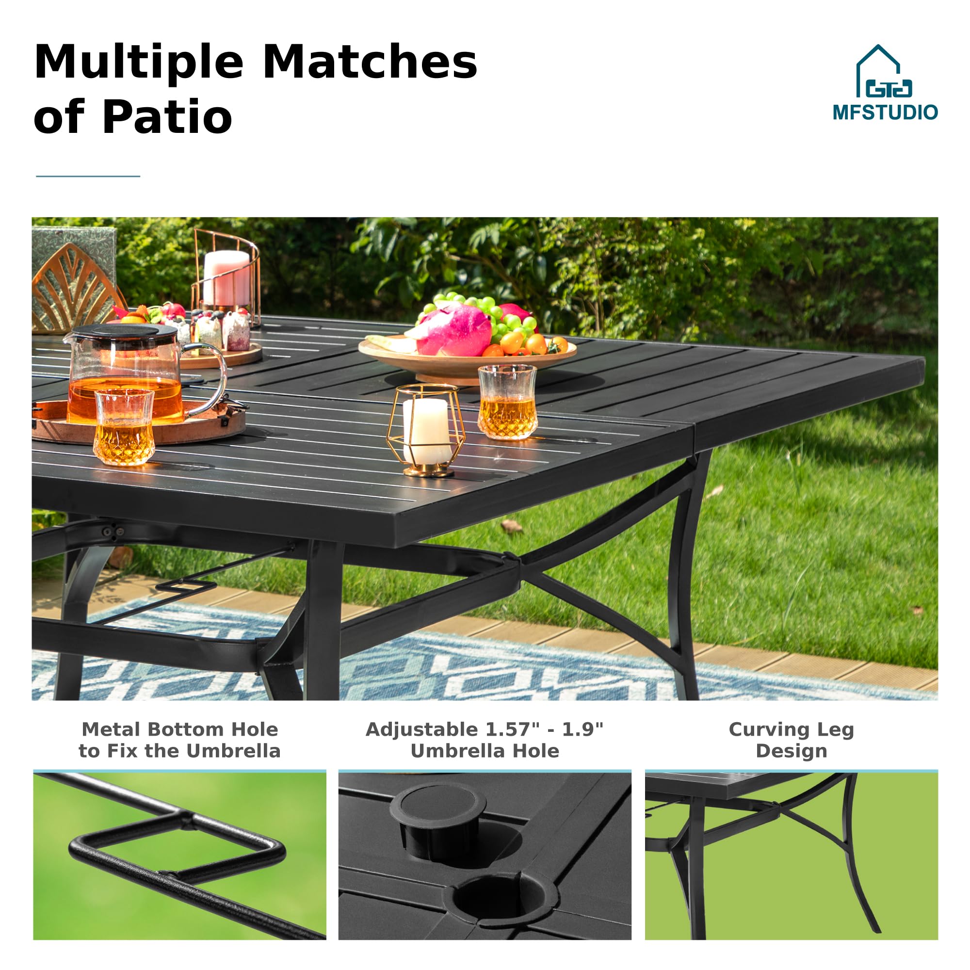 MFSTUDIO 9 PCS Patio Dining Sets with 8 Swivel Chairs and 1 Large Square Table, All Weather Heavy Duty Black Frame, Outdoor Furniture for 8