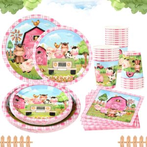 pink watercolor farm birthday party supplies plates set for 24 guests,96 pieces cute pink animal baby shower plates napkins cups tableware for barnyard farm animals themed party decorations for girl