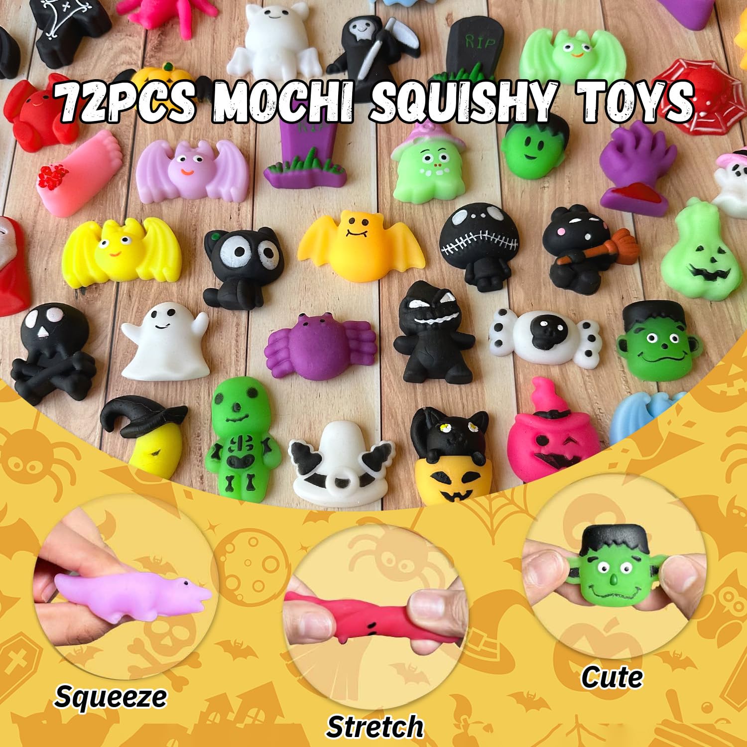 UUSYCUN 72PCS Halloween Mochi Squishy Toys, Squishy Party Favors for Kids, Kawaii Squishies Fidget Toys, Mini Mochis Squishy Animals for Halloween Goodie Bags, Gifts, Prizes, Birthdays