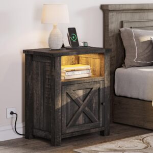 YITAHOME Farmhouse End Table with Charging Station & LED Lights, End Side Table with Storage Cabinet for Small Space, Bedside Table with USB Ports and Outlets, for Living Room, Dark Rustic Oak