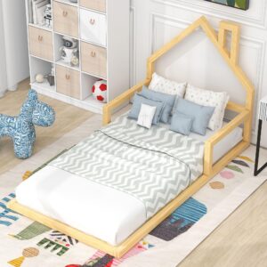 meritline twin size floor bed with house-shaped headboard, twin montessori floor bed wood frame, no box spring needed, for kids teens girls boys (natural)