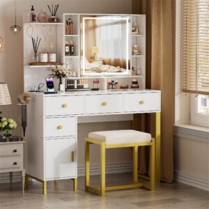 PAKASEPT Makeup Vanity with Lights,White Vanity Desk with Openable Mirror & 3-Color Dimmable, Charging Station, Makeup Desk with Drawer, Hooks, Hidden and Open Storage Shelves, Stool Set