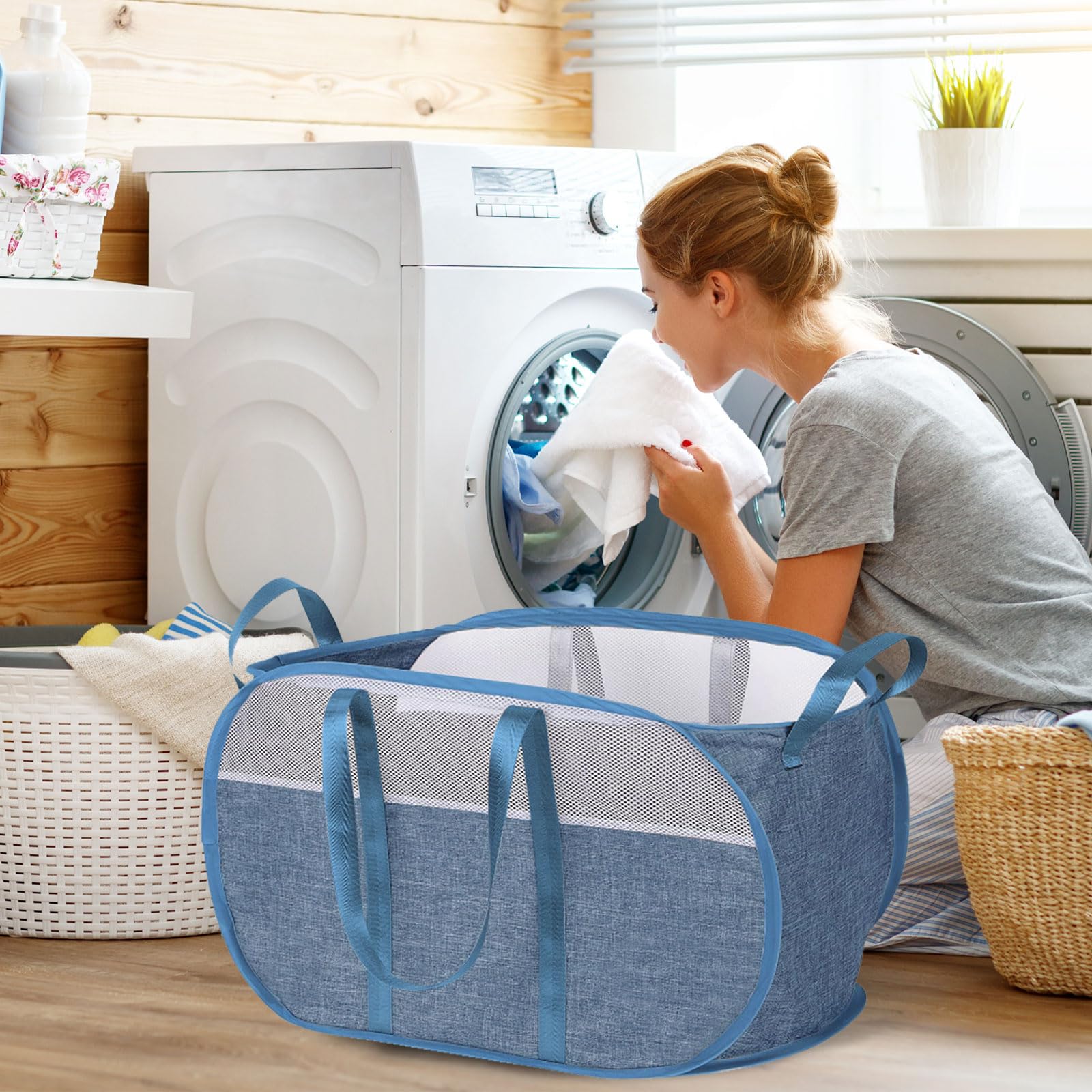 Pop Up Laundry Hamper,Collapsible Mesh Laundry Basket,Foldable Laundry Caddy with Durable Handles,Portable Dirty Clothes Hamper for Dorm/Bathroom/Travel,Laundry Caddy for Space Saving and Storage