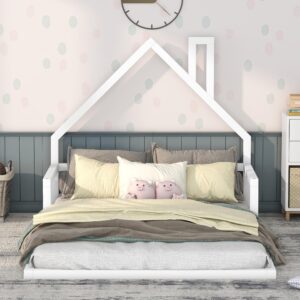 harper & bright designs full kids bed with house-shaped headboard, full floor bed with solid wood slats,full size platform bed frame for girls boys,no box spring needed,white