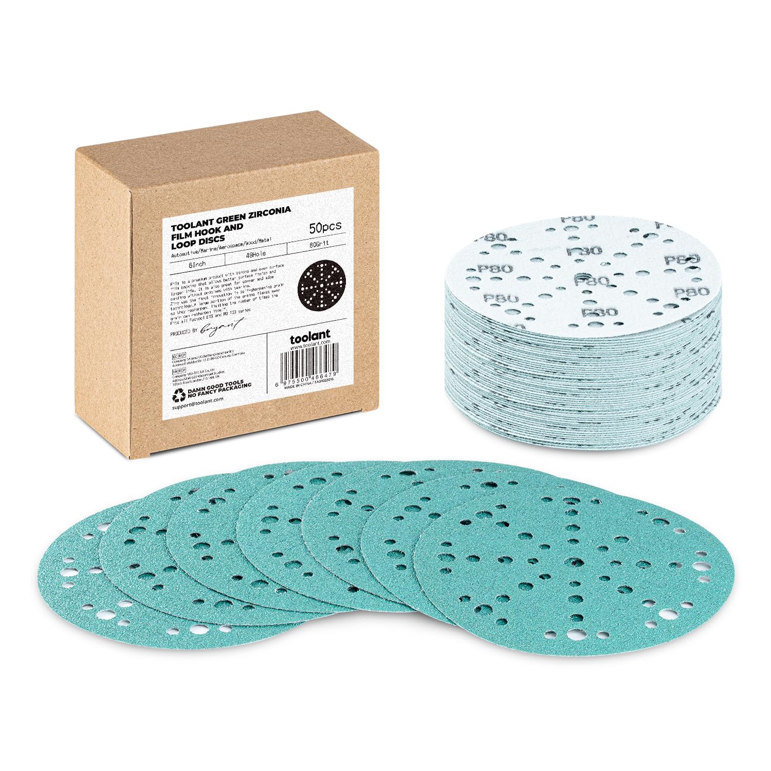 6 Inch 49 Hole 80 Grit Sanding Disc, Hook and Loop Film Backing Sanding Discs Compatible with Festool Sanders by toolant - 50 Pack