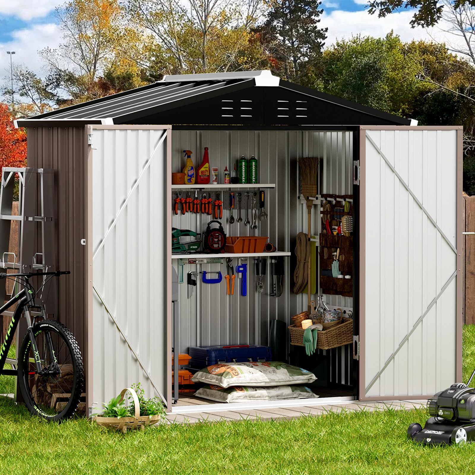 VONZOY 6'x4' Outdoor Storage Shed with Singe Lockable Door,Galvanized Metal Shed Suitable for The Garden,Tiny House Storage Sheds Outdoor for Backyard Patio Lawn，Brown