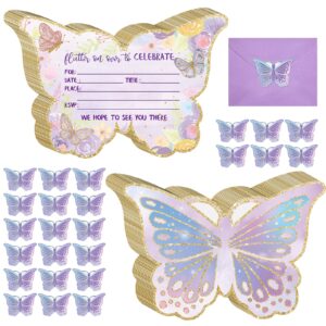 hotop 24 sets mermaid birthday invitations with envelopes and mermaid stickers glitter butterfly invitations for kids birthday party baby shower mermaid themed party supplies pool party (butterfly)