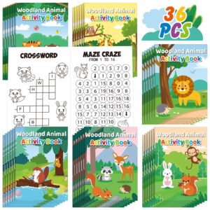 36 pcs mini activity books for kids party favors woodland animals diy game books set with coloring, mazes, word scramble, find difference and more for goodie bag gift stuffer classroom activity