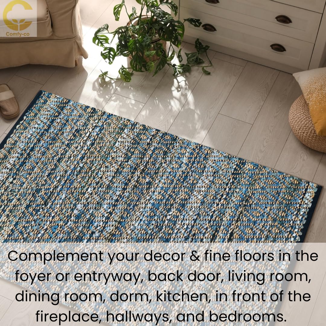 Comfy-co Area Rug Jute Denim Floor Rug 3x5 ft - Hand-Woven Area Rug Farmhouse Rustic - Anti Skid Floor Rug for Bedroom Living Room Kitchen Dorm Entryway Hallway - Area Rug Jute Denim