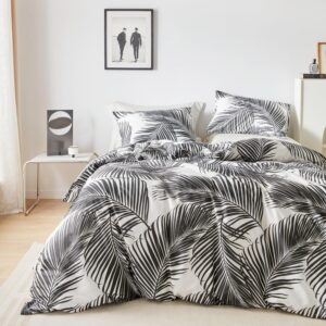 yuheguoji tropical plant duvet cover queen 100% cotton black botanical duvet cover 3 pcs set 1 white hawaiian leaves duvet cover with zipper ties 2 pillowcases coastal palm bedding set soft