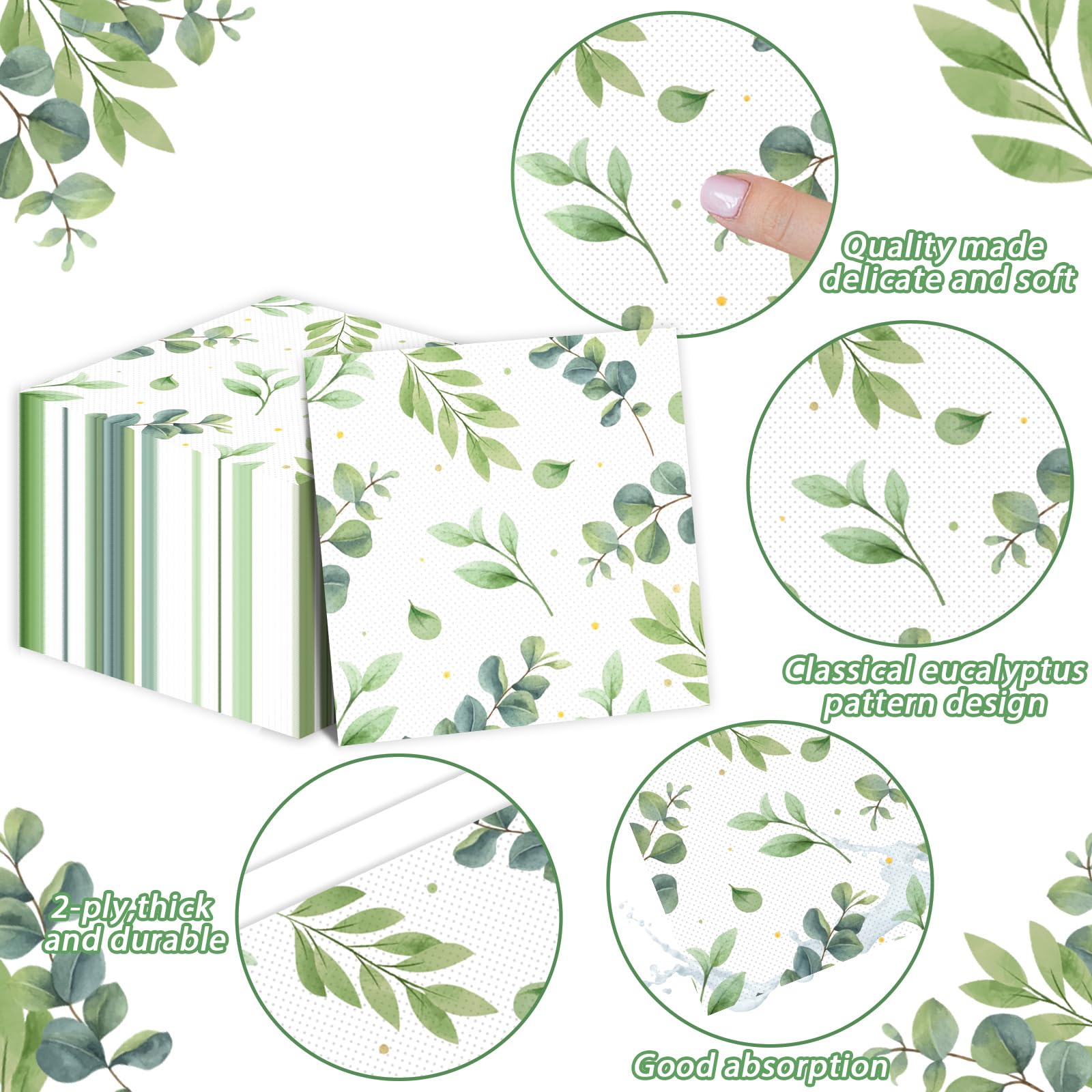 50PCS Eucalyptus Napkins Greenery Disposable Decorative Guest Papers for Wedding Green Foliage Eucalyptus Leaf Theme Luncheons Dinners Supplies for Bridal Shower Birthday Party Decoration