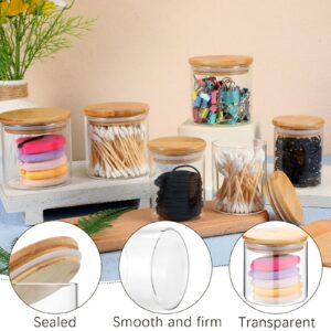 Dandat 6 Pack Glass Apothecary Jars with Lids Bamboo Bathroom Jars Cotton Ball Pad Round Swab Holder Dispenser Vanity Canisters for Countertop Storage Hair Ties Floss Organizer, 8.5 oz and 10.8 oz