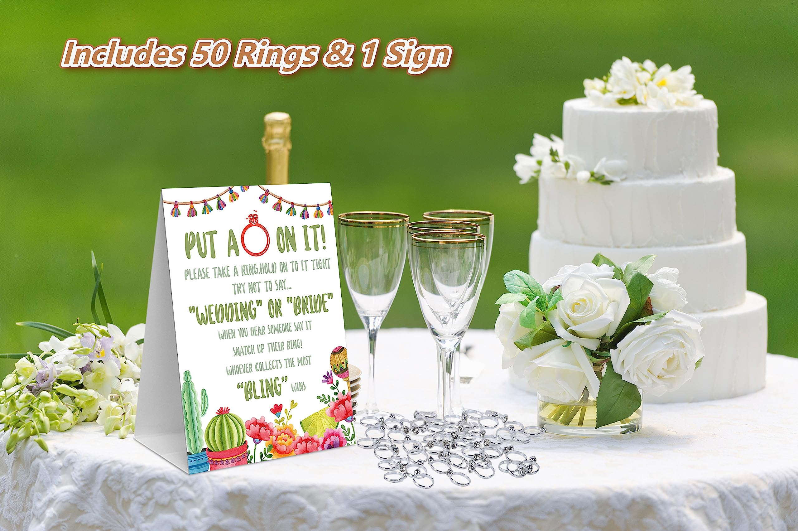 Yiqhpy Fiesta Bridal Shower Theme Decorations,Put A Ring On It Game,Don't Say Bride Games,Bridal Shower Games,Wedding Shower,Engagement Party Games(1 Sign And 50 Plastic Diamond Rings)-7