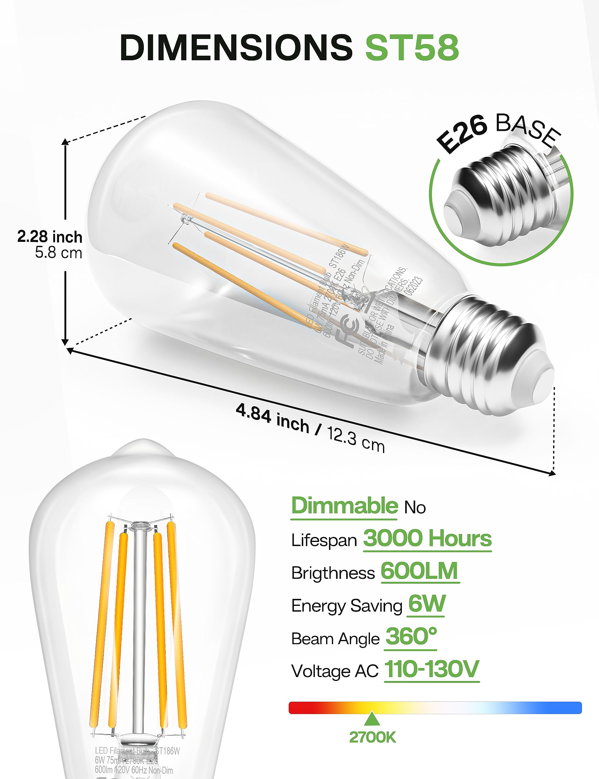 Edison LED Light Bulbs, 6W Equivalent 60W, Warm White 2700K, Non-Dimmable, 600LM, 85+CRI, ST58 Vintage Clear Glass Filament Light Bulbs, E26 Medium Base, Pack of 12