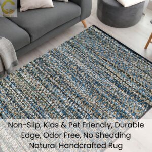 Comfy-co Area Rug Jute Denim Floor Rug 3x5 ft - Hand-Woven Area Rug Farmhouse Rustic - Anti Skid Floor Rug for Bedroom Living Room Kitchen Dorm Entryway Hallway - Area Rug Jute Denim