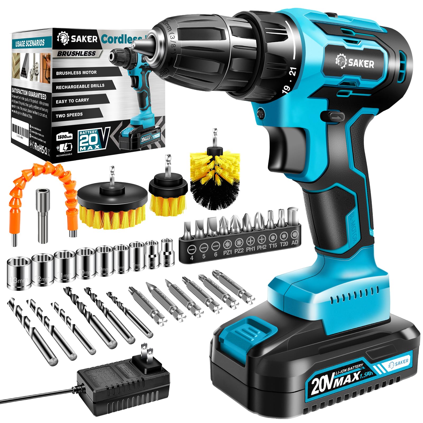 Saker Cordless Drill Set, Brushless 20V Electric Drill with Drill Bits, 3/8-Inch Keyless Chuck, 2 Variable Speeds, 430 In-lbs Torque Battery Power Screwdriver Driver for Plastic, Wood, Metal, Screws