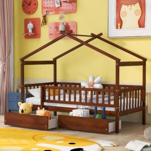 harper & bright designs twin size house bed for kids, wooden twin bed frame with 2 storage drawers, twin montessori bed with roof & rails design for girls boys, walnut