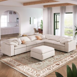 WILLIAMSPACE 130.2" Oversized Beige Sectional Couch Sofa for Living Room, Modular Upholstered Sofa Couch with Ottoman, L Shaped Corner Sectional with 5 Pillows for Spacious Space (Beige)