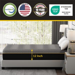 EGOHOME 12 Inch Cal King Memory Foam Mattress, Therapeutic Mattress for Back Pain Relief, Cooper Gel Cooling Double Mattress in a Box, CertiPUR-US Certified, Made in USA, 72”x84”x12”, Black