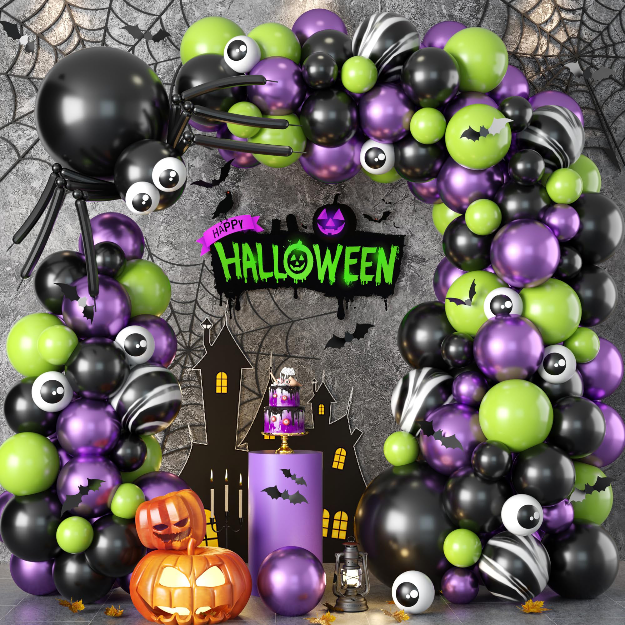 Halloween Balloons Garland Arch Kit Black Purple Green Lime Fruit Green Latex Balloon Metallic Purple Agate Black Long Balloons White Eye Balloons for Halloween Spider Party Decorations