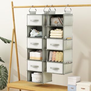 5 Tier Hanging Closet Organizer, Collapsible Thicken Hanging Shelves, with 3 Side Pockets and 2 Removable Drawers, Suitable for Bedroom Closet Clothing Storage Grey