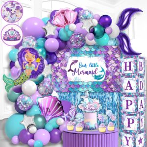 248 pieces little mermaid birthday decorations kit, all-in-1 girl's party decor package with mermaid tail balloon garland, foil curtains, fabric backdrop, princess crown - purple, teal