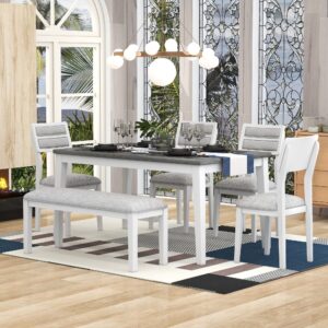 harper & bright designs 6 piece dining table set with bench, rectangle dining table with 4 upholstered chairs & a bench, wood kitchen dining room furniture (white+gray)