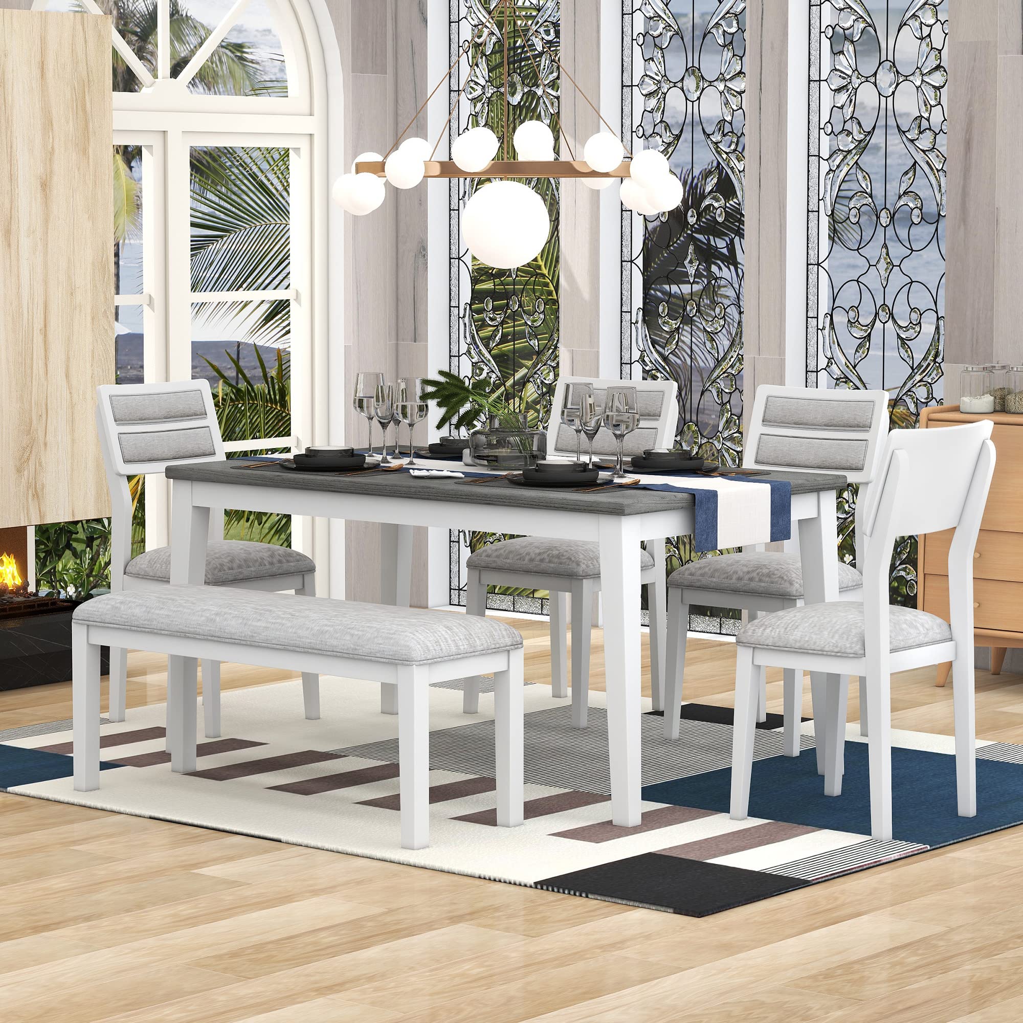 Harper & Bright Designs 6 Piece Dining Table Set with Bench, Rectangle Dining Table with 4 Upholstered Chairs & a Bench, Wood Kitchen Dining Room Furniture (White+Gray)