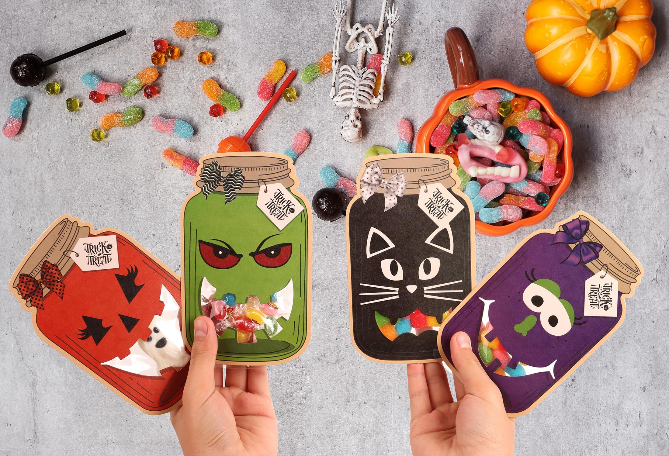 Halloween DIY Crafts Art Cards for Kids-50 Pack Halloween Party Treat Bags Cards Kits for Classroom School, Mason Jar Shape Halloween Treats for Trick or Treaters,Trunk or Treat Party Favors Supplies