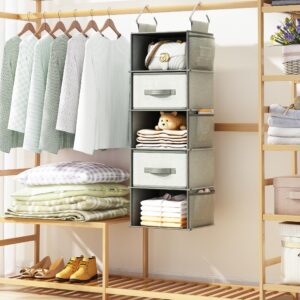 5 Tier Hanging Closet Organizer, Collapsible Thicken Hanging Shelves, with 3 Side Pockets and 2 Removable Drawers, Suitable for Bedroom Closet Clothing Storage Grey